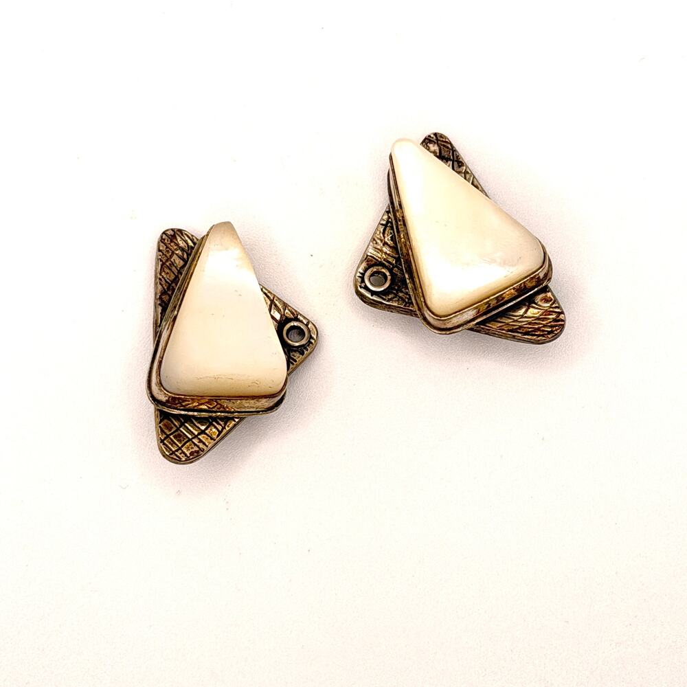 Vintage Y2K Silver Creations MOP Sterling Signed Geometric Clip On Earrings